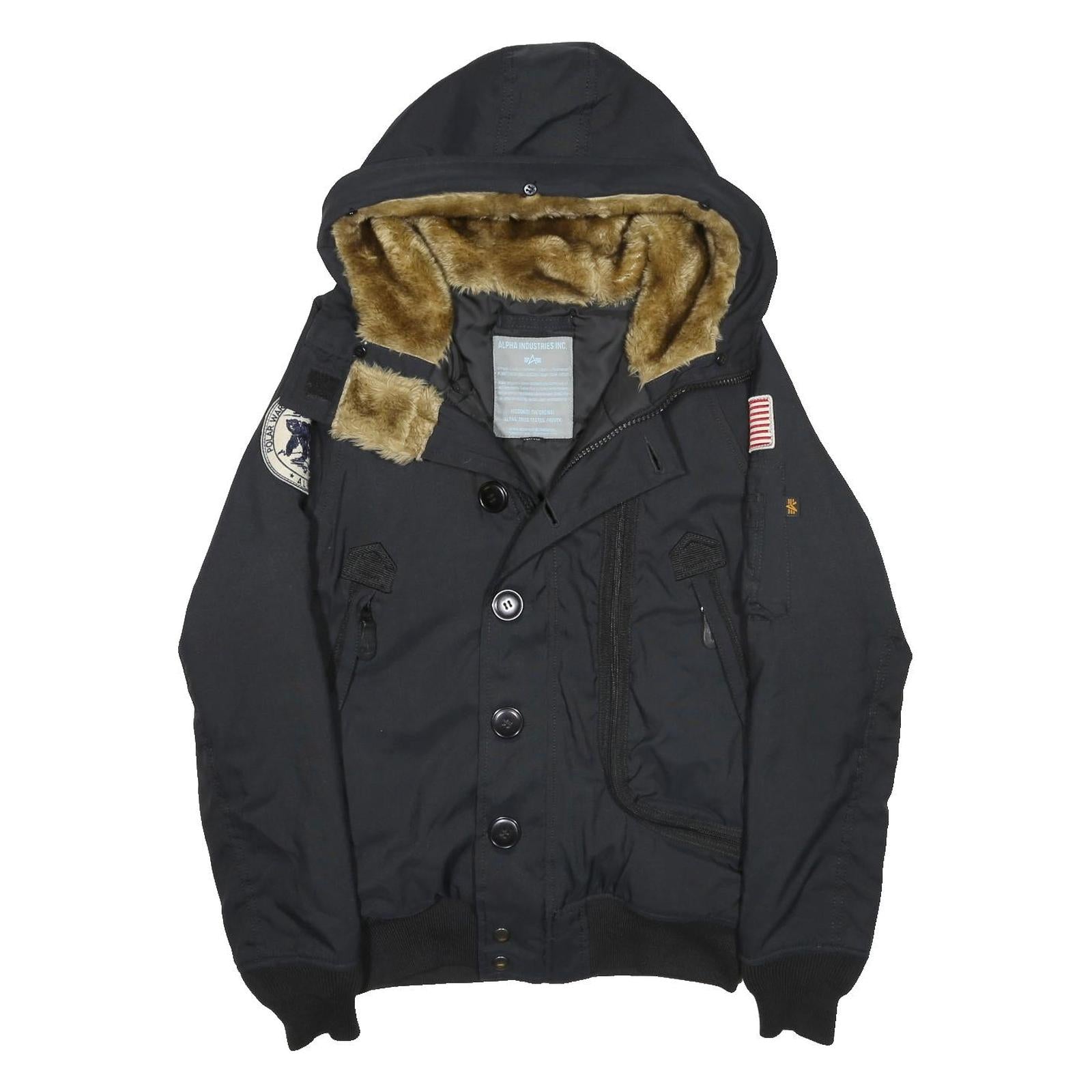 ALPHA INDUSTRIES Mens Black Flight Jacket XS Polyester Blend Hooded Zip Pockets
