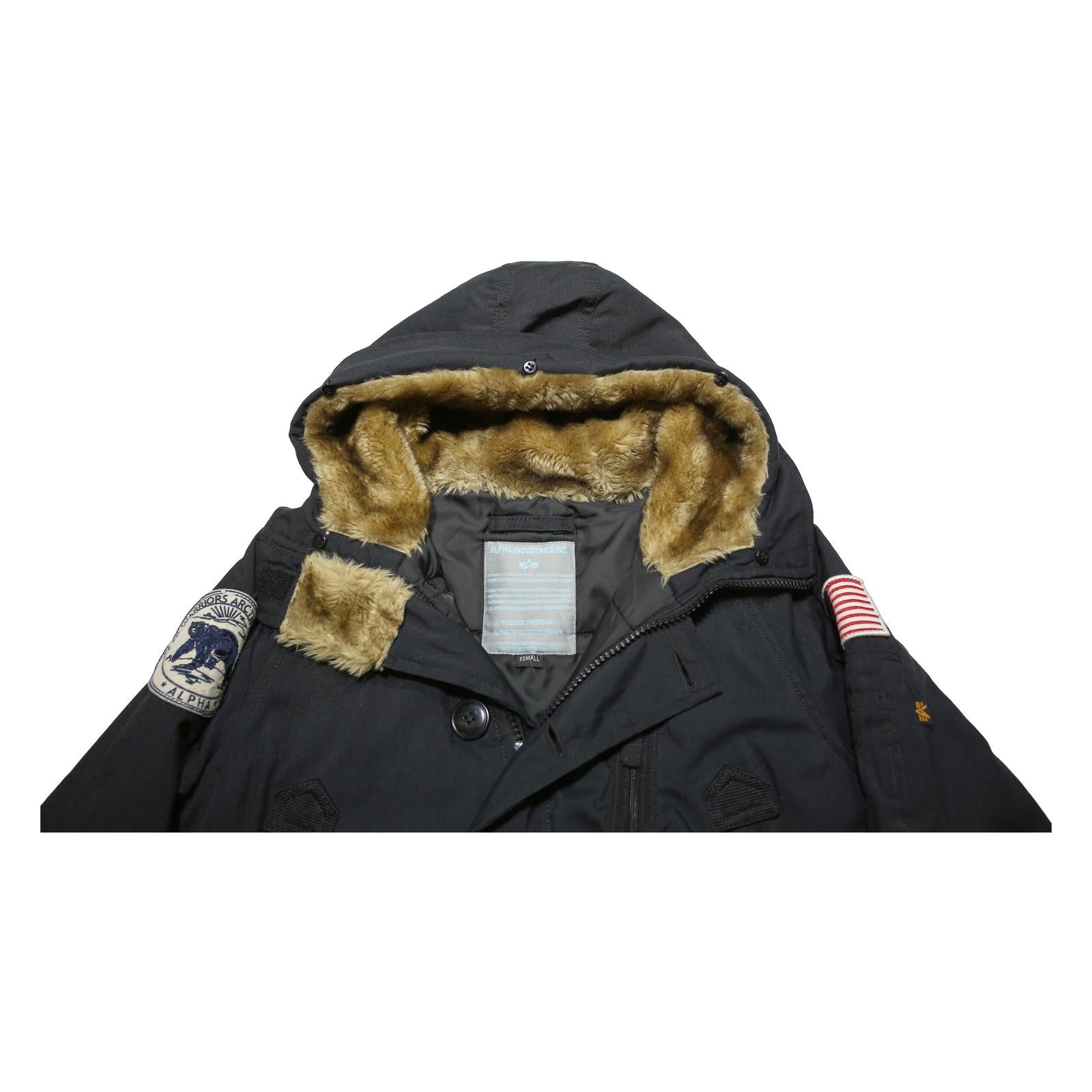 ALPHA INDUSTRIES Mens Black Flight Jacket XS Polyester Blend Hooded Zip Pockets