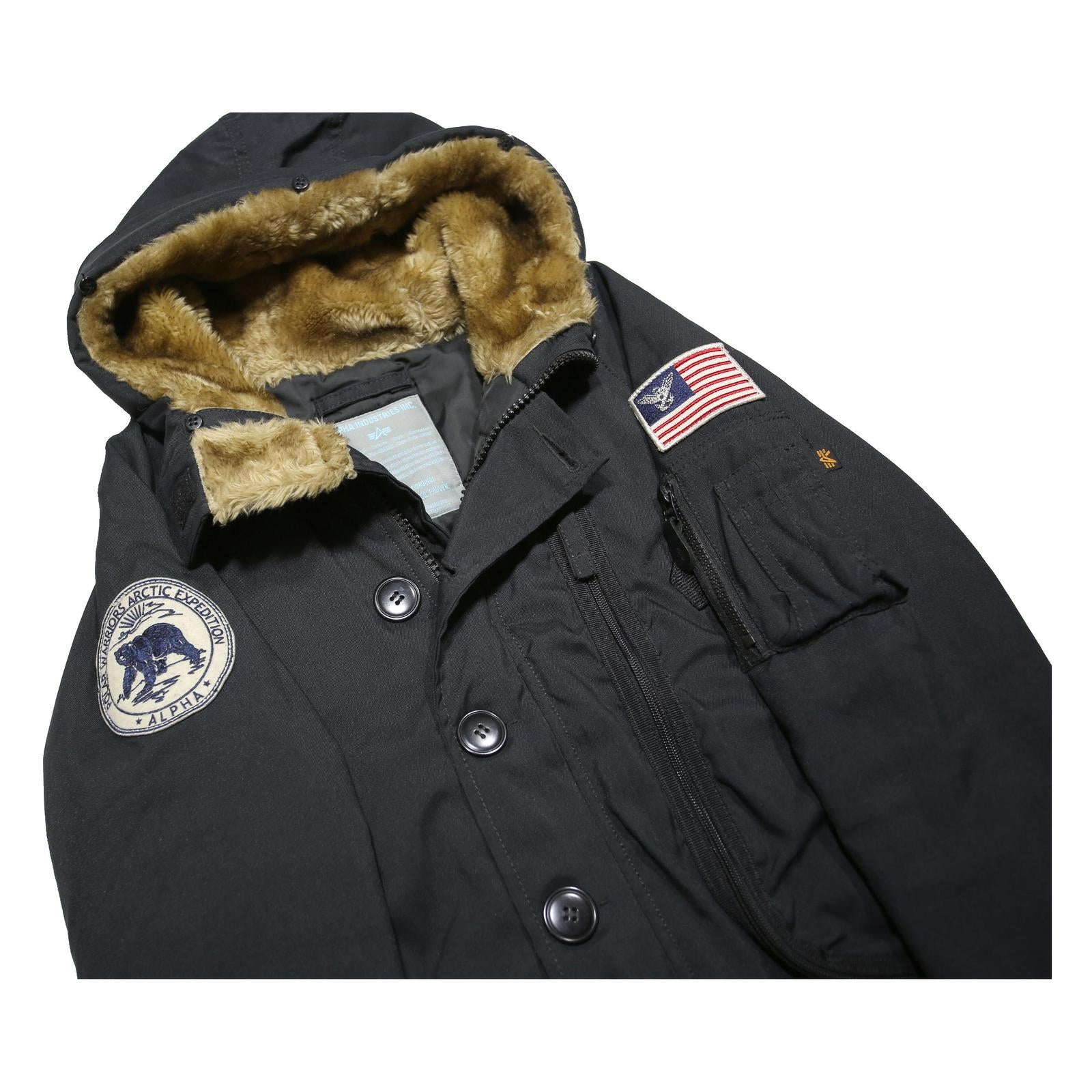 ALPHA INDUSTRIES Mens Black Flight Jacket XS Polyester Blend Hooded Zip Pockets