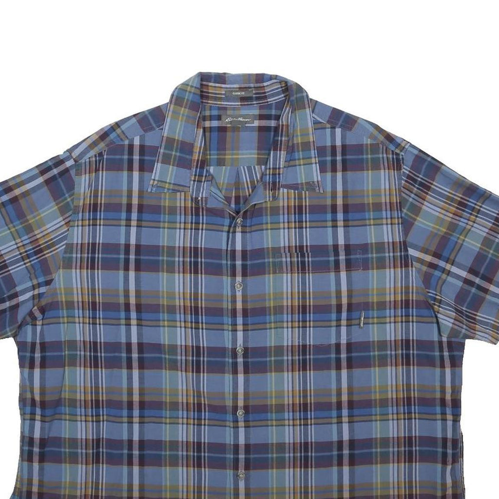 EDDIE BAUER Mens Blue & Brown Check Shirt 2XL Cotton Short Sleeve Casual
