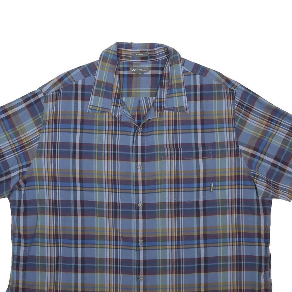 EDDIE BAUER Mens Blue & Brown Check Shirt 2XL Cotton Short Sleeve Casual