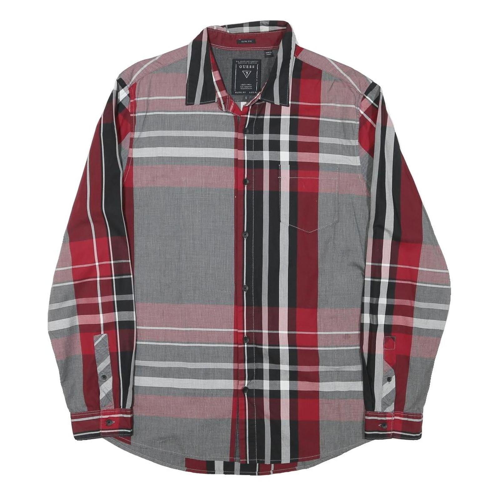 GUESS Mens Red Black & Grey Check Shirt L Slim Fit Long Sleeve Casual