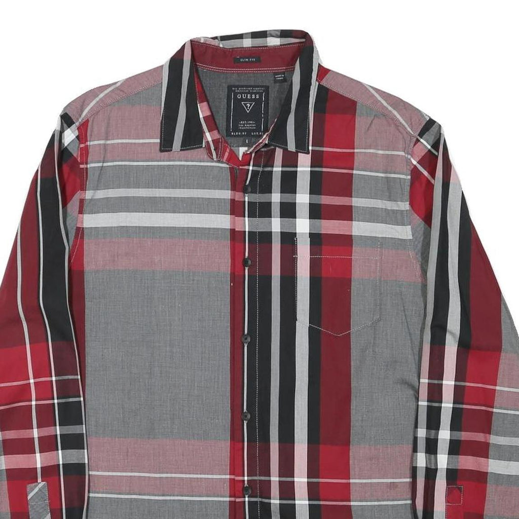 GUESS Mens Red Black & Grey Check Shirt L Slim Fit Long Sleeve Casual
