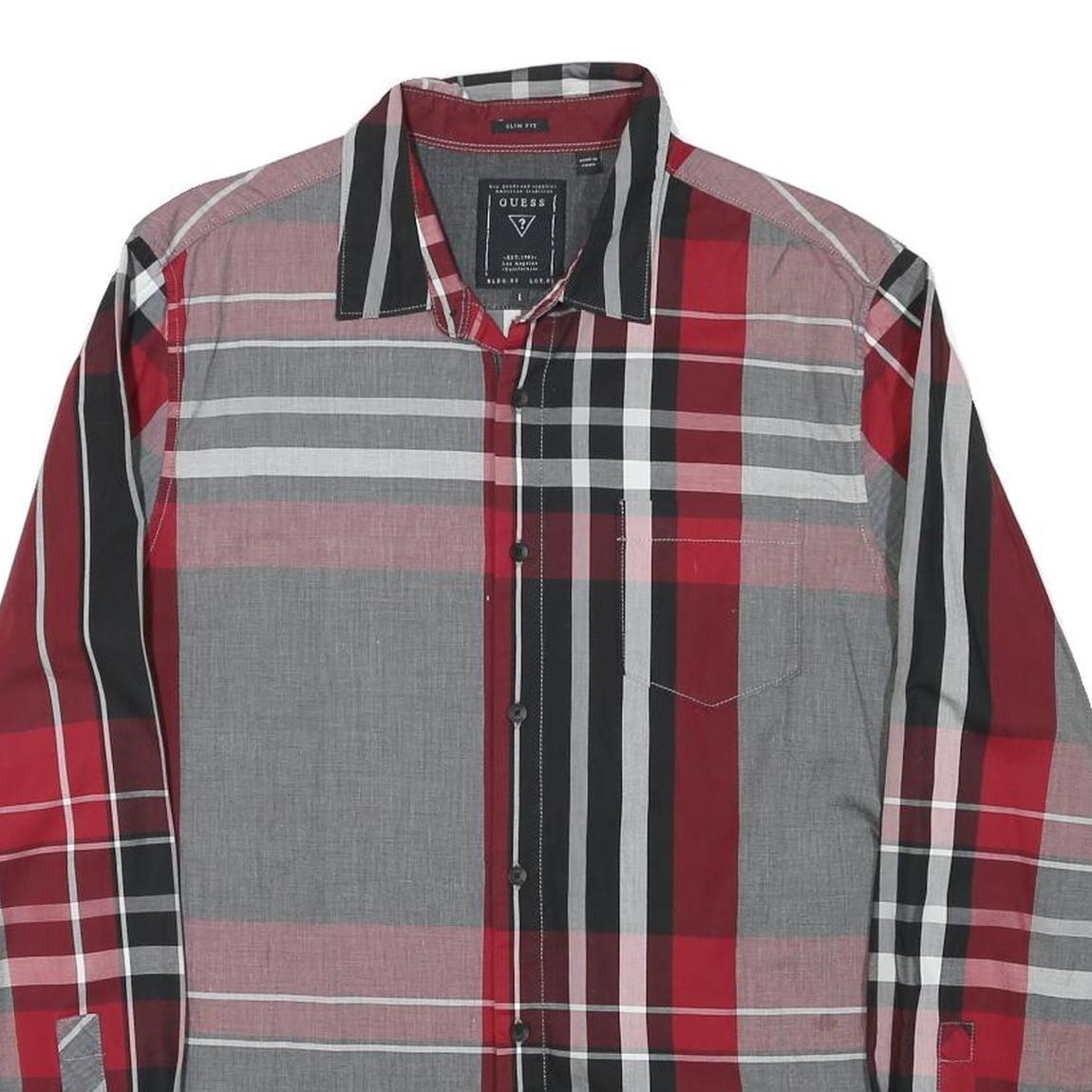 GUESS Mens Red Black & Grey Check Shirt L Slim Fit Long Sleeve Casual