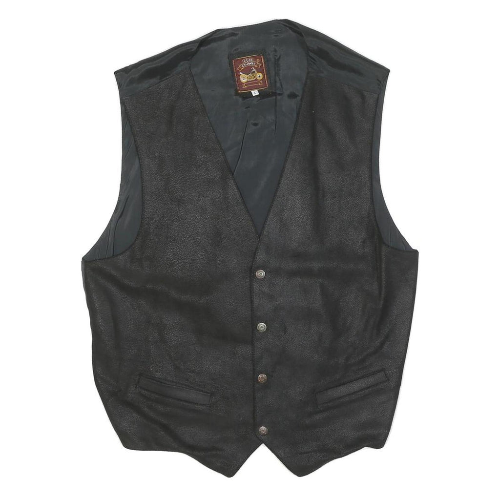CUIR COUNTY Mens Black Leather Button Jacket L Polyester Blend Plain Waistcoat