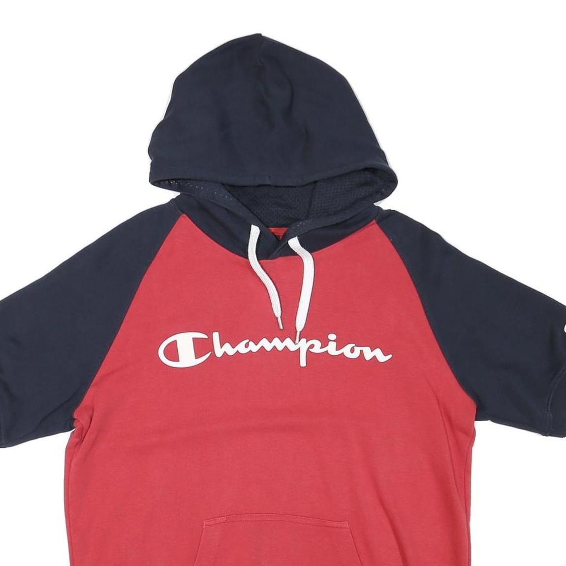 CHAMPION Mens Red & Navy Short Sleeve Hoodie M Cotton Blend Casual Pullover