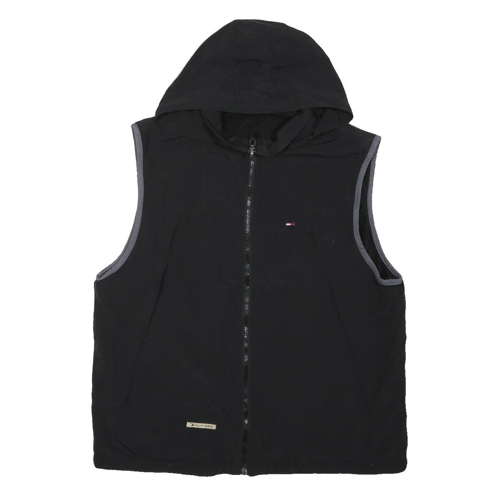 TOMMY HILFIGER Mens Black Hooded Sleeveless Zip Up Jacket L Polyester Blend