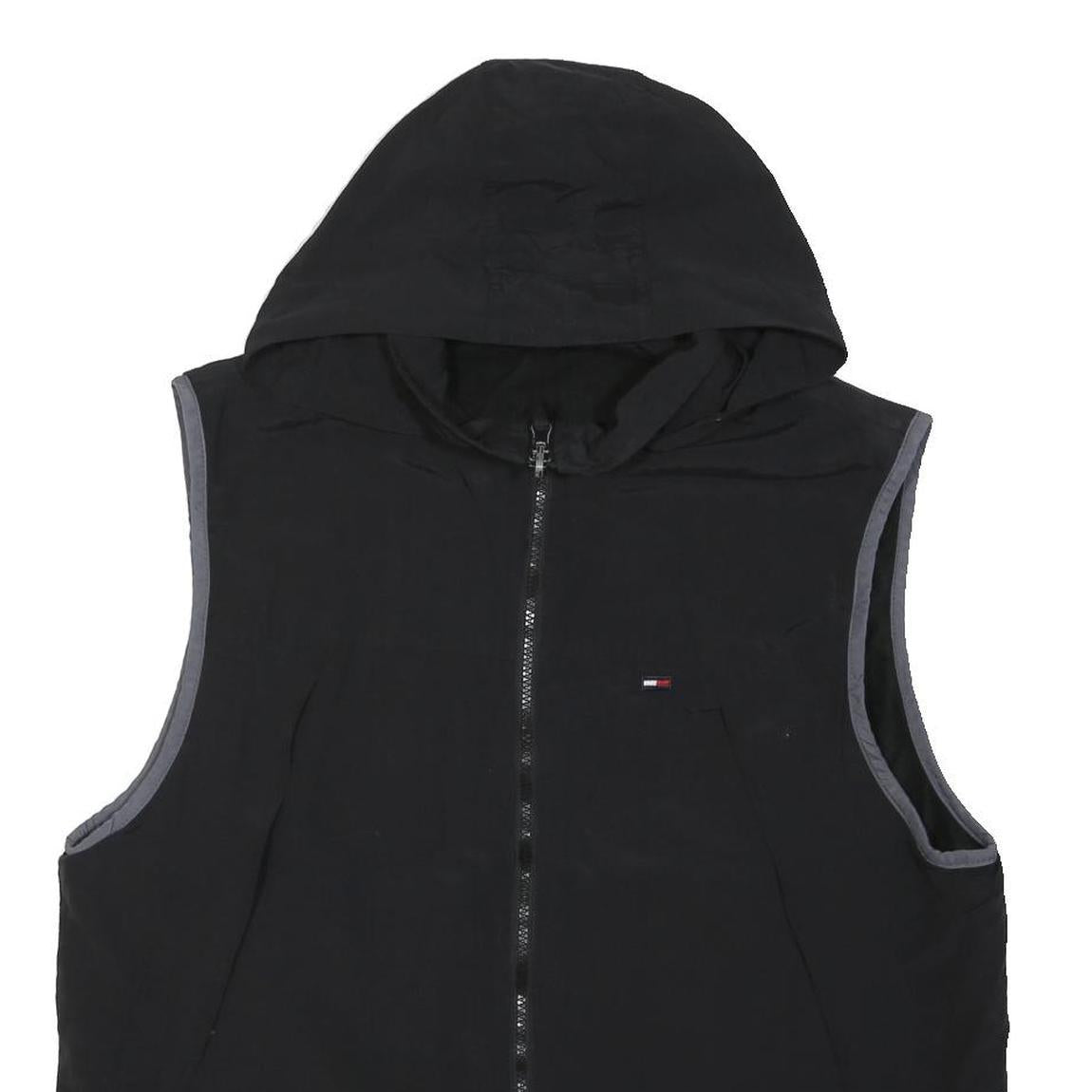 TOMMY HILFIGER Mens Black Hooded Sleeveless Zip Up Jacket L Polyester Blend