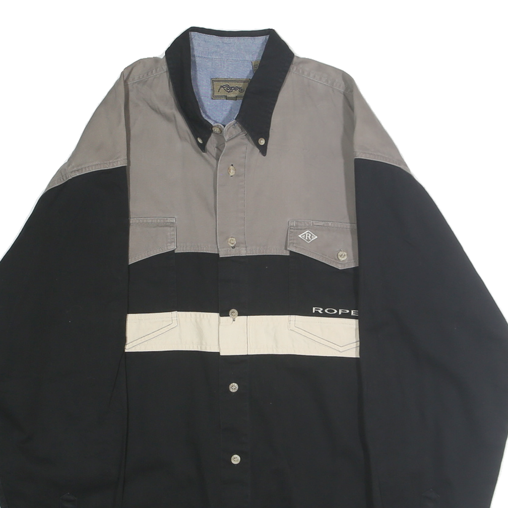 ROPER Mens Black Grey & Cream Colourblock Cotton Shirt L Button Shirt