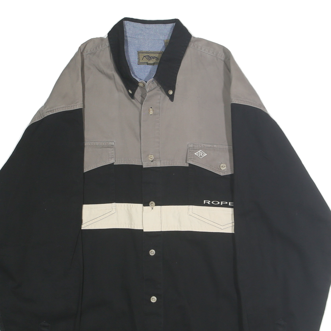 ROPER Mens Black Grey & Cream Colourblock Cotton Shirt L Button Shirt