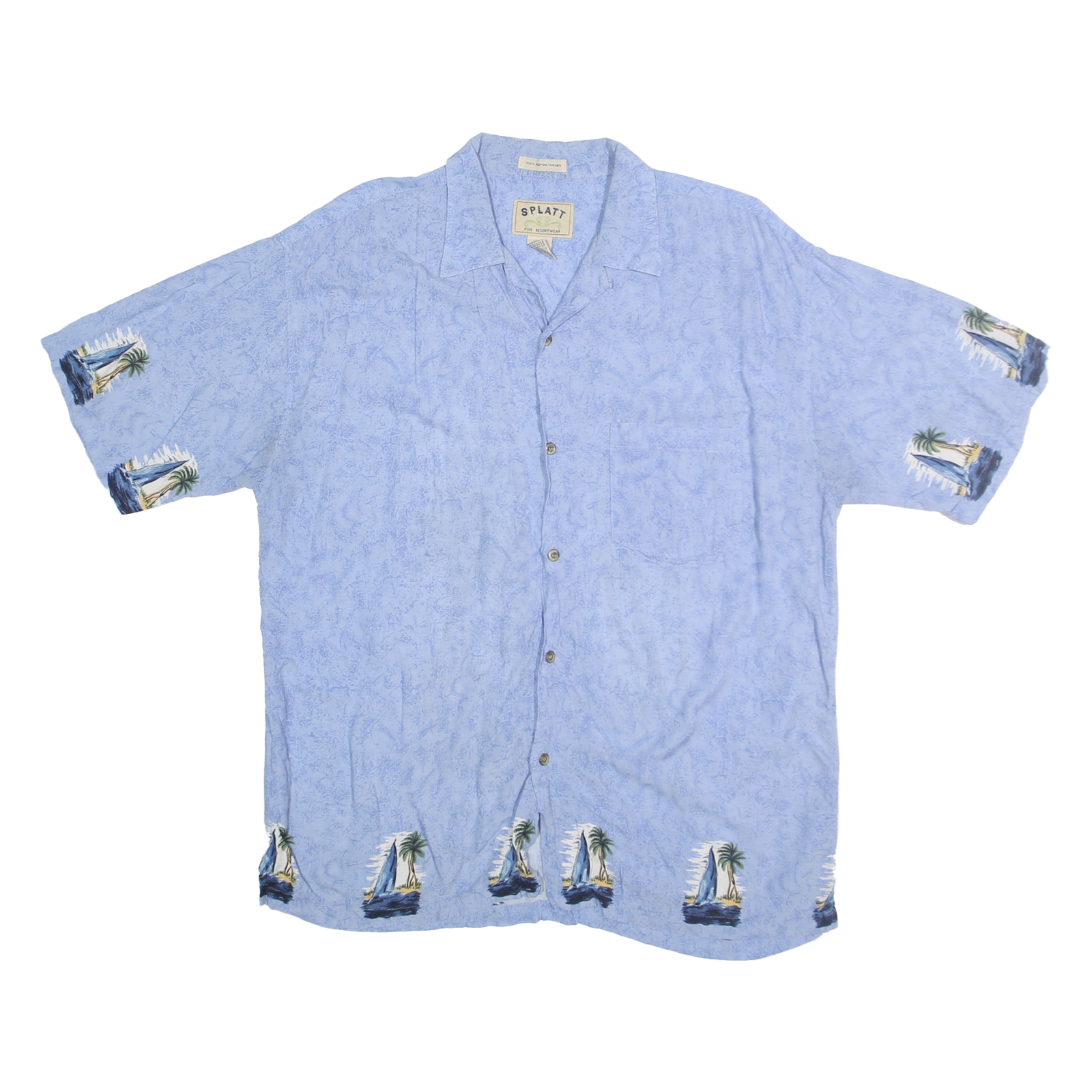 SPLATT Mens Blue Rayon Shirt XL Tropical Sailboat Print Summer Beachwear