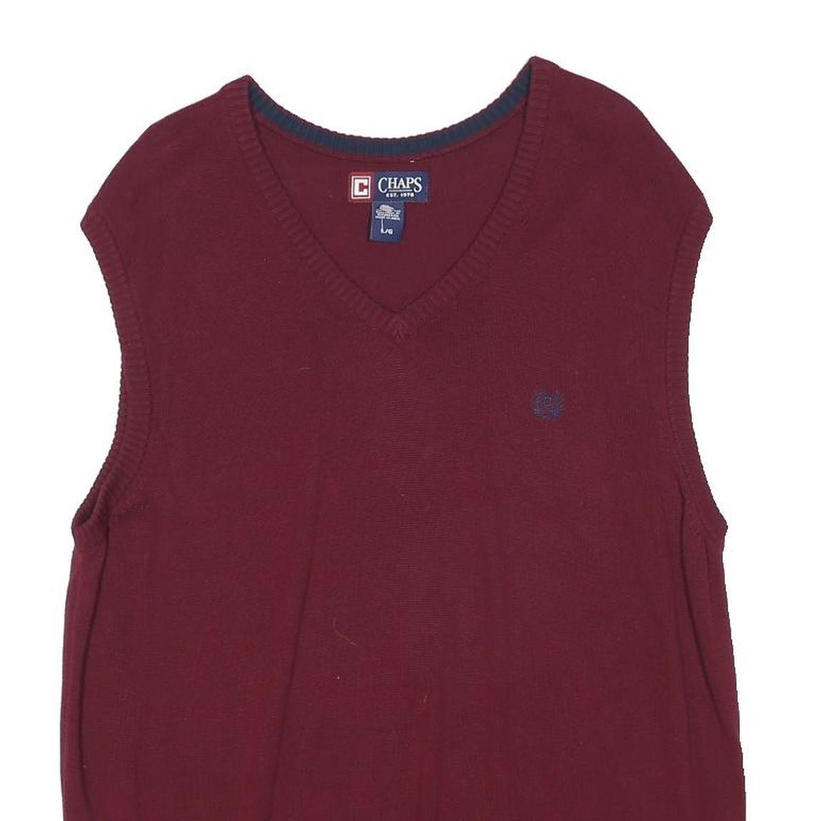 CHAPS Mens Maroon Plain V Neck Basic Knit L Sweater Vest Cotton Blend Classic