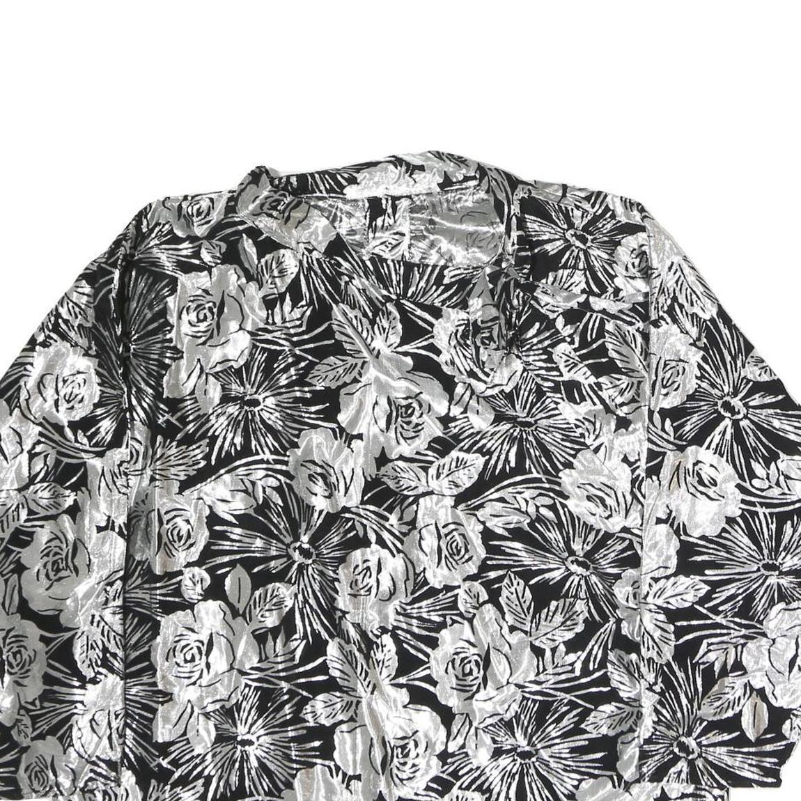 Womens Black & Silver Floral Printed Long Sleeve V-Neck Blouse L Polyester