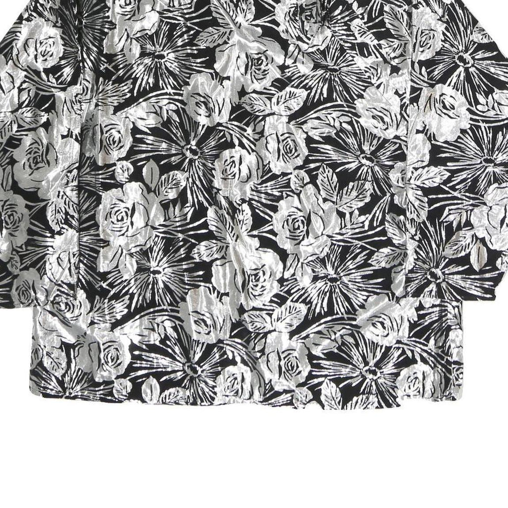 Womens Black & Silver Floral Printed Long Sleeve V-Neck Blouse L Polyester