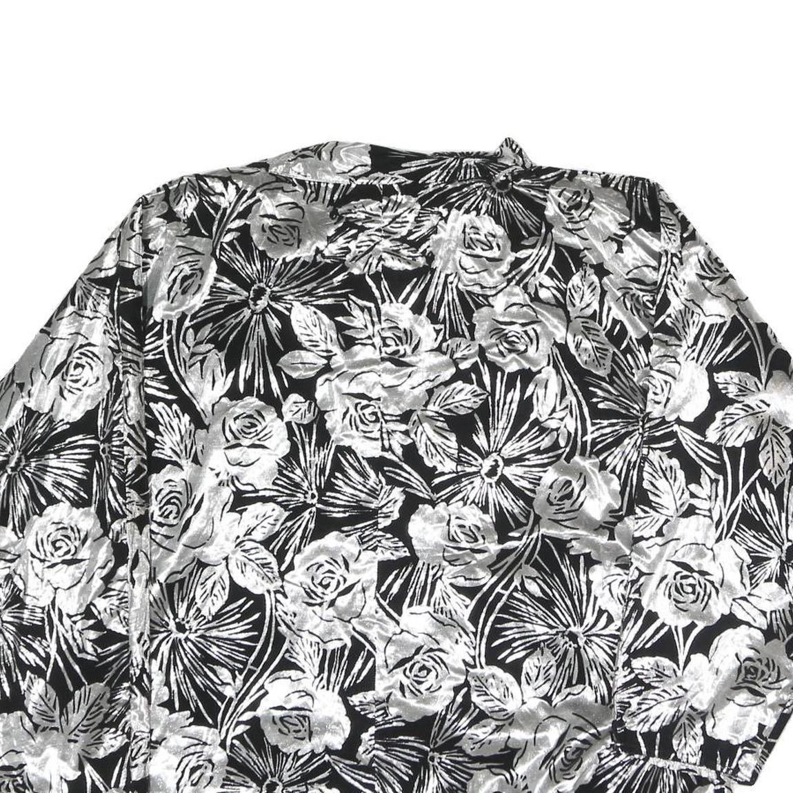 Womens Black & Silver Floral Printed Long Sleeve V-Neck Blouse L Polyester