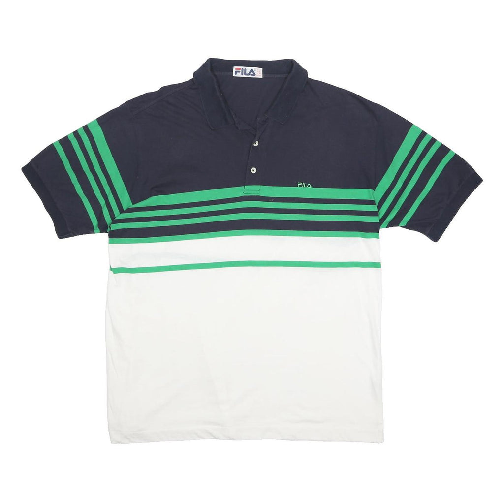 FILA Mens Navy Blue & Green & White Striped Polo Shirt XL Cotton Short Sleeve