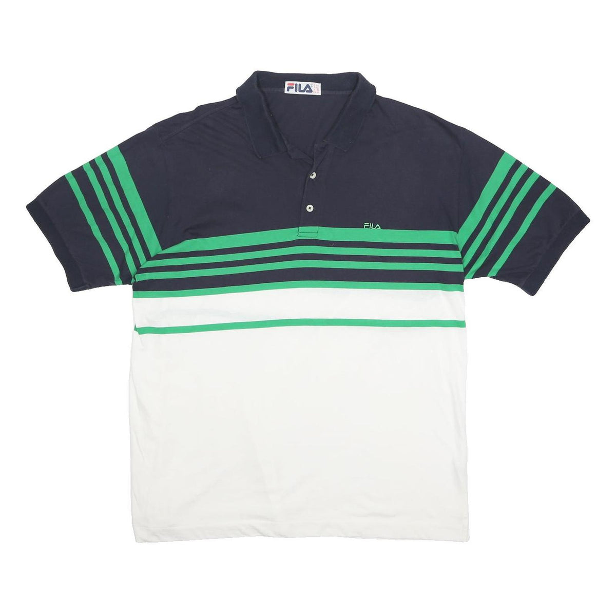 FILA Mens Navy Blue & Green & White Striped Polo Shirt XL Cotton Short Sleeve