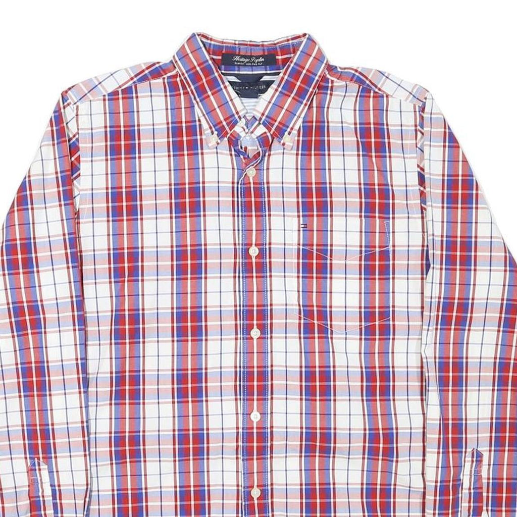 TOMMY HILFIGER Mens Red & Blue Checked Shirt S Classic Fit Button Down Cotton
