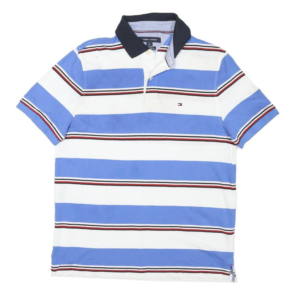 TOMMY HILFIGER Mens Blue & White Striped Short Sleeve Polo Shirt S Cotton Blend