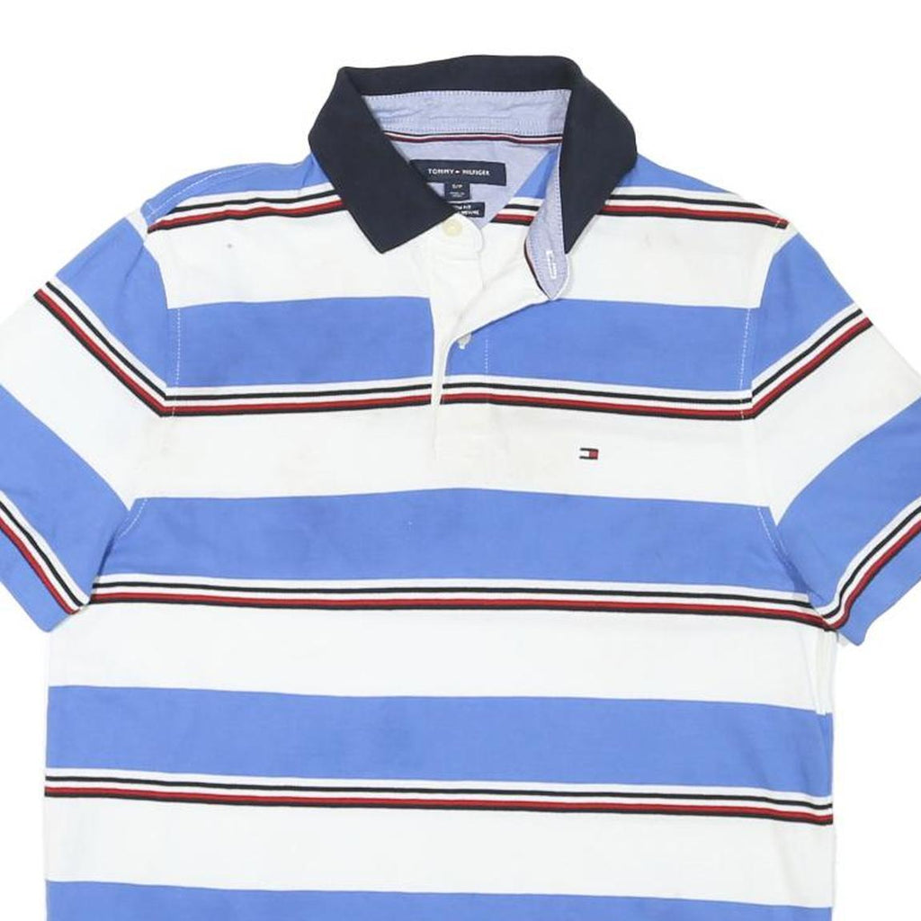 TOMMY HILFIGER Mens Blue & White Striped Short Sleeve Polo Shirt S Cotton Blend