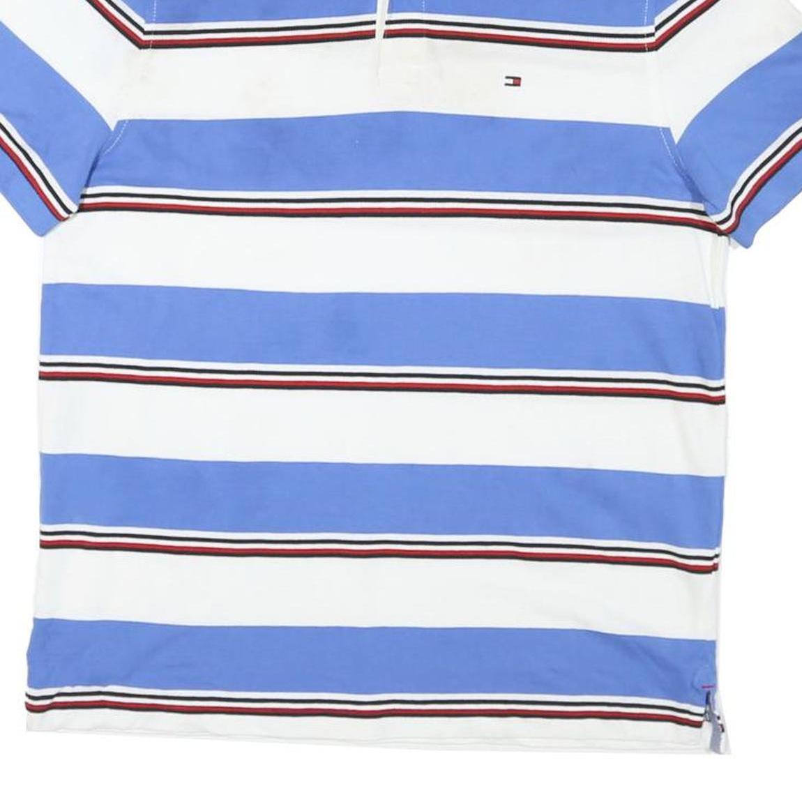 TOMMY HILFIGER Mens Blue & White Striped Short Sleeve Polo Shirt S Cotton Blend