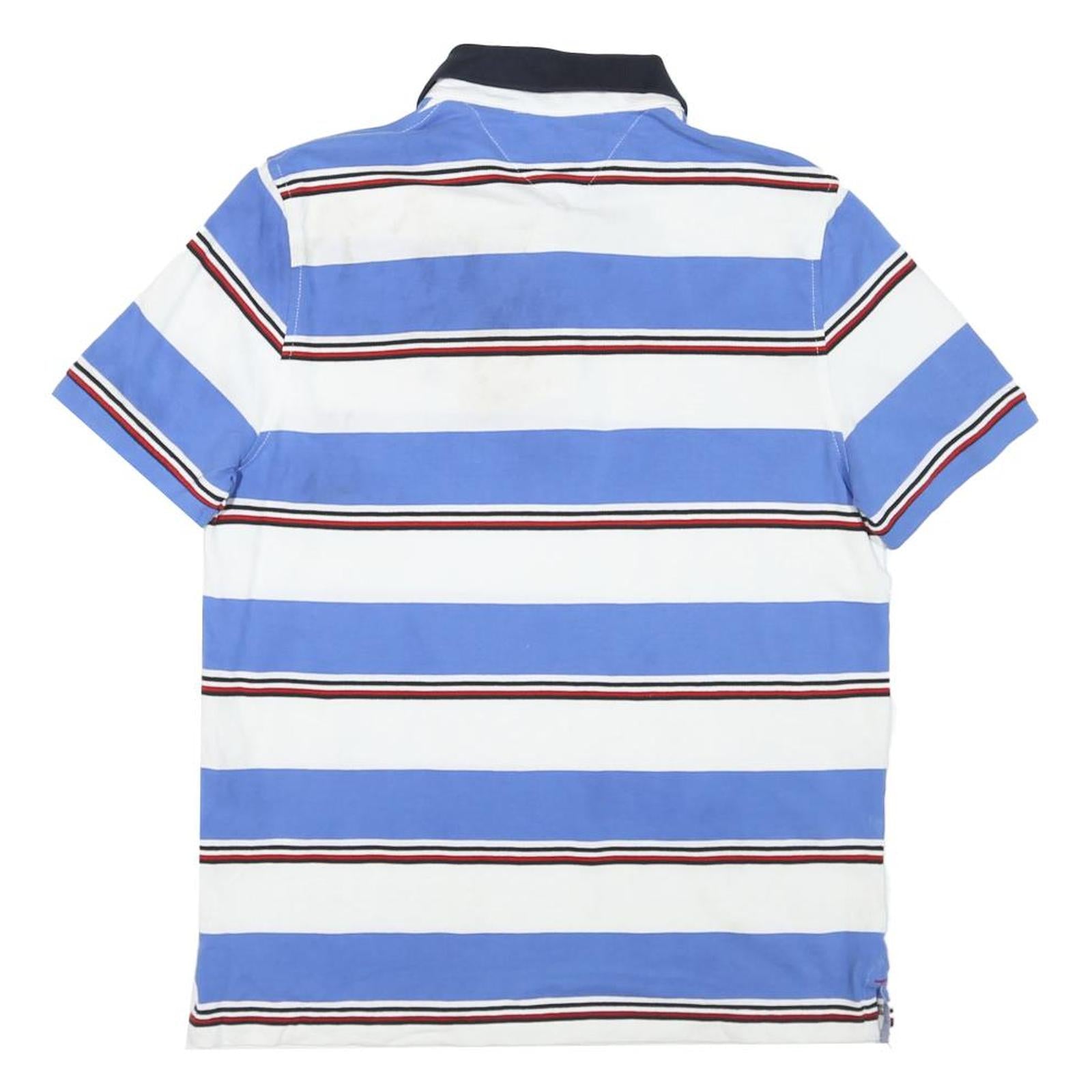 TOMMY HILFIGER Mens Blue & White Striped Short Sleeve Polo Shirt S Cotton Blend