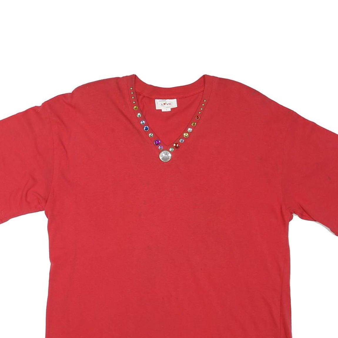 FASHION LOVE Womens Red L V-Neck T-Shirt Short Sleeve Stud Embellished