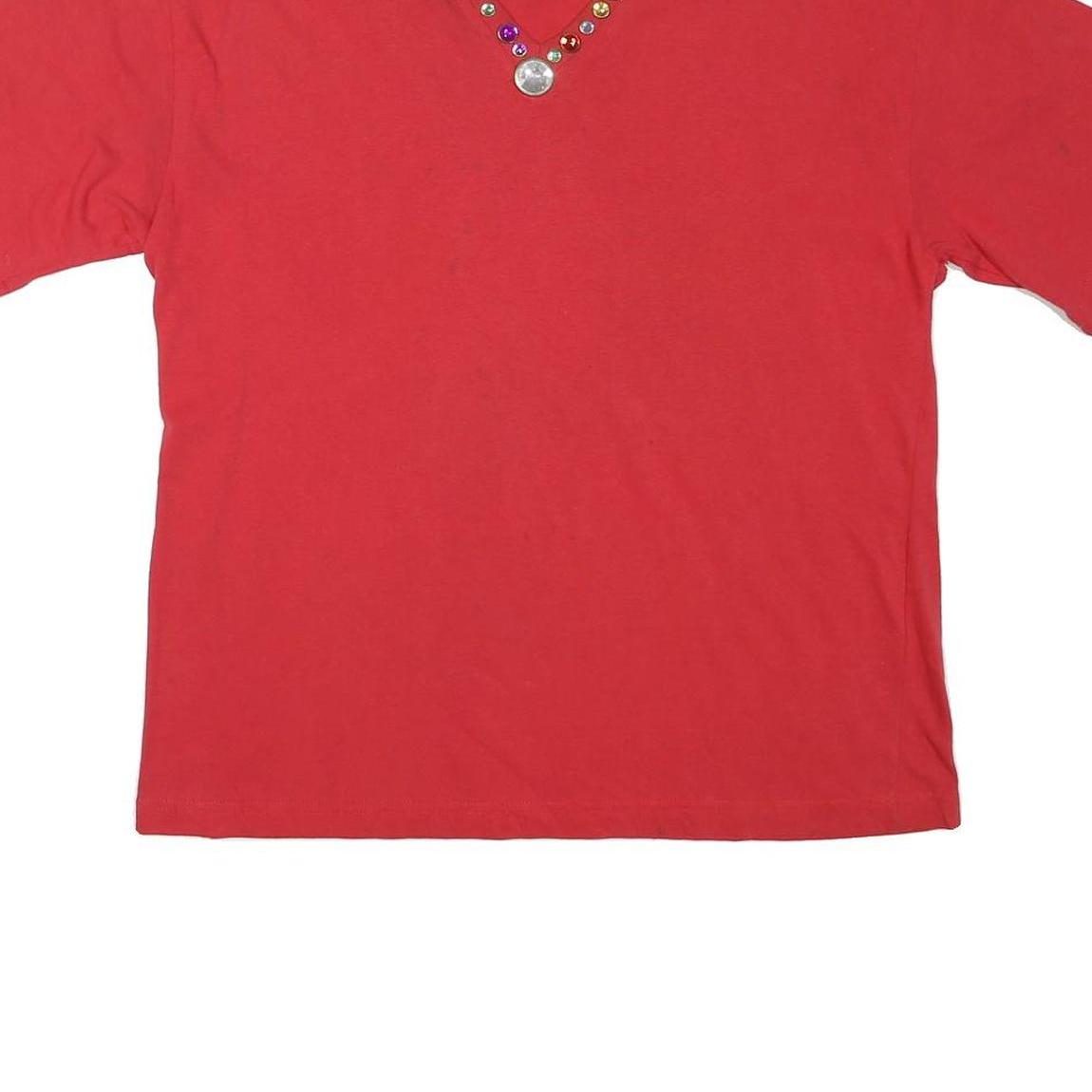 FASHION LOVE Womens Red L V-Neck T-Shirt Short Sleeve Stud Embellished