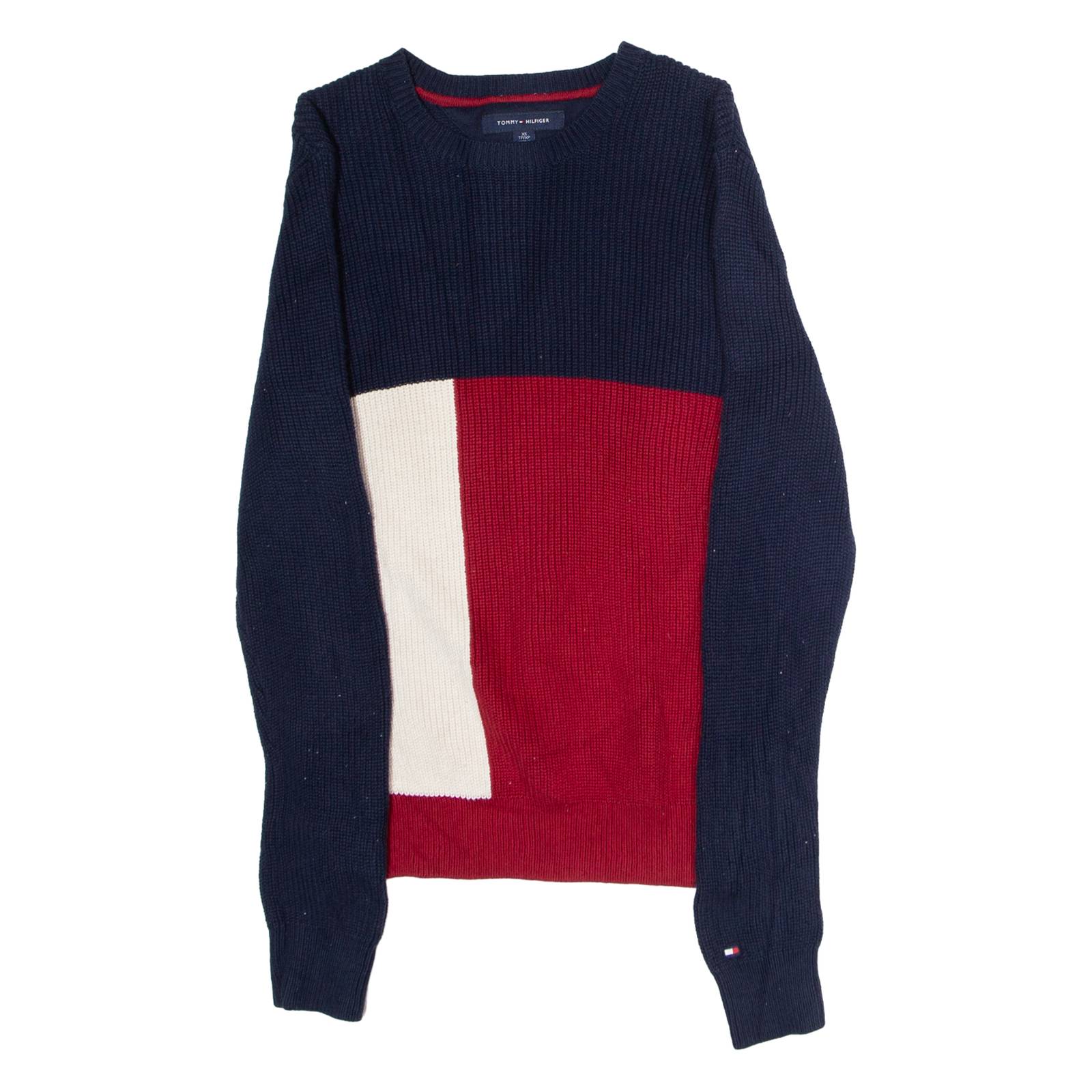 TOMMY HILFIGER Mens Patterned Jumper Blue Colourblock Crew Neck Tight Knit XS