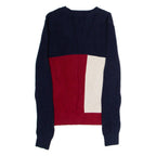 TOMMY HILFIGER Mens Patterned Jumper Blue Colourblock Crew Neck Tight Knit XS