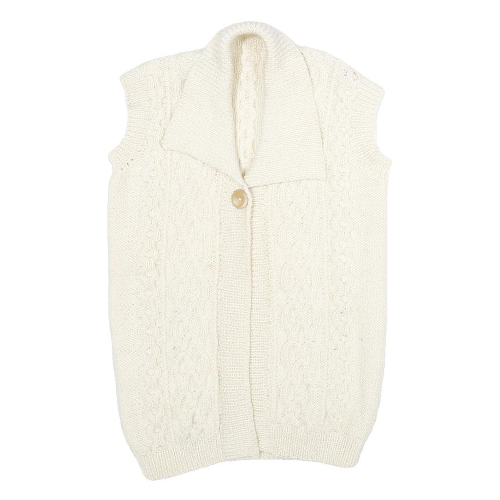 Womens Cream Cable Knit Wool Jumper Shawl Collar Pullover M Sleeveless Button
