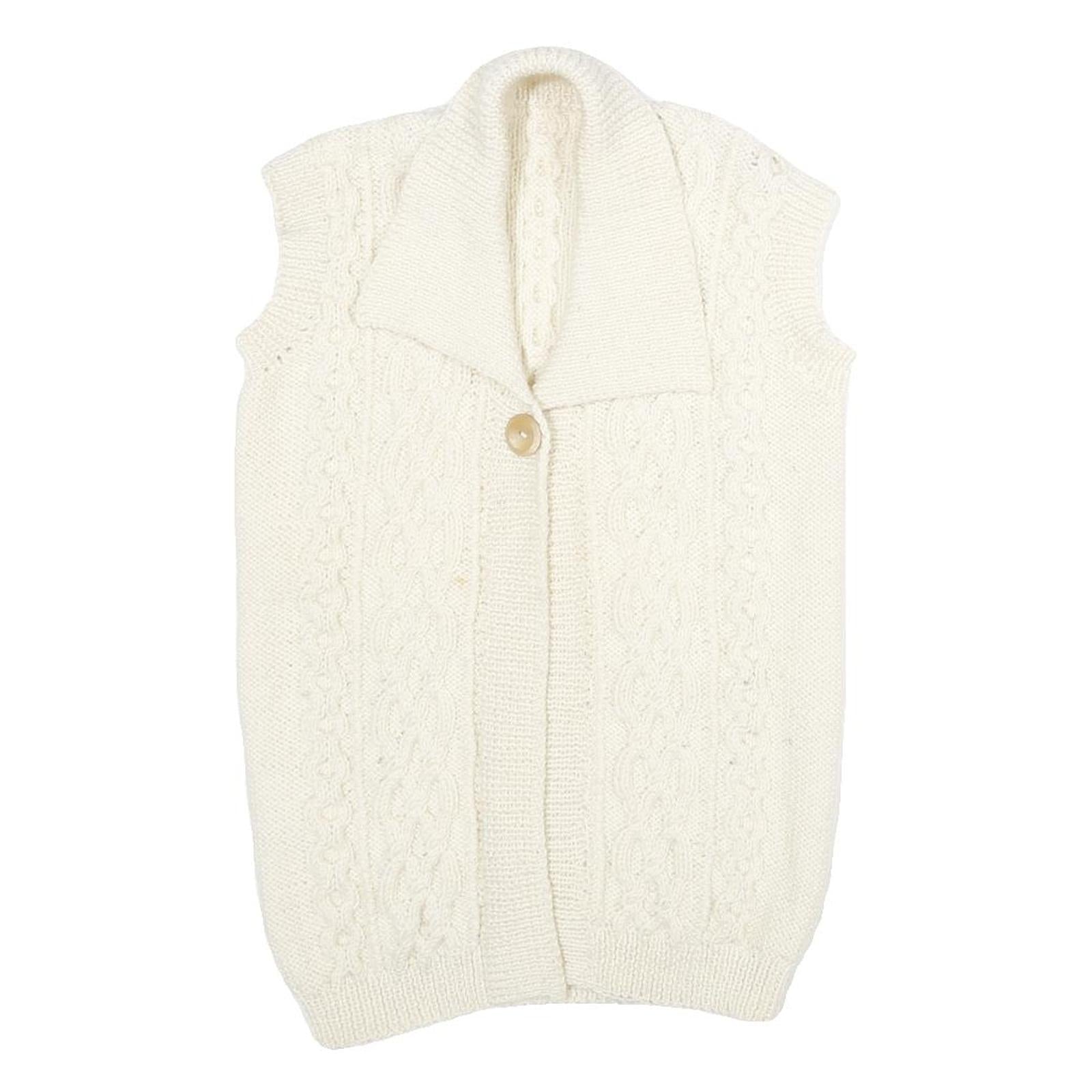 Womens Cream Cable Knit Wool Jumper Shawl Collar Pullover M Sleeveless Button