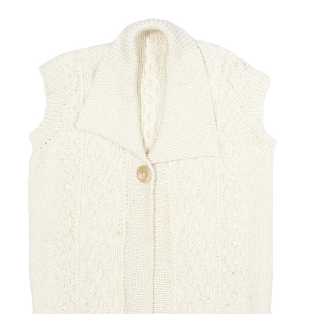 Womens Cream Cable Knit Wool Jumper Shawl Collar Pullover M Sleeveless Button