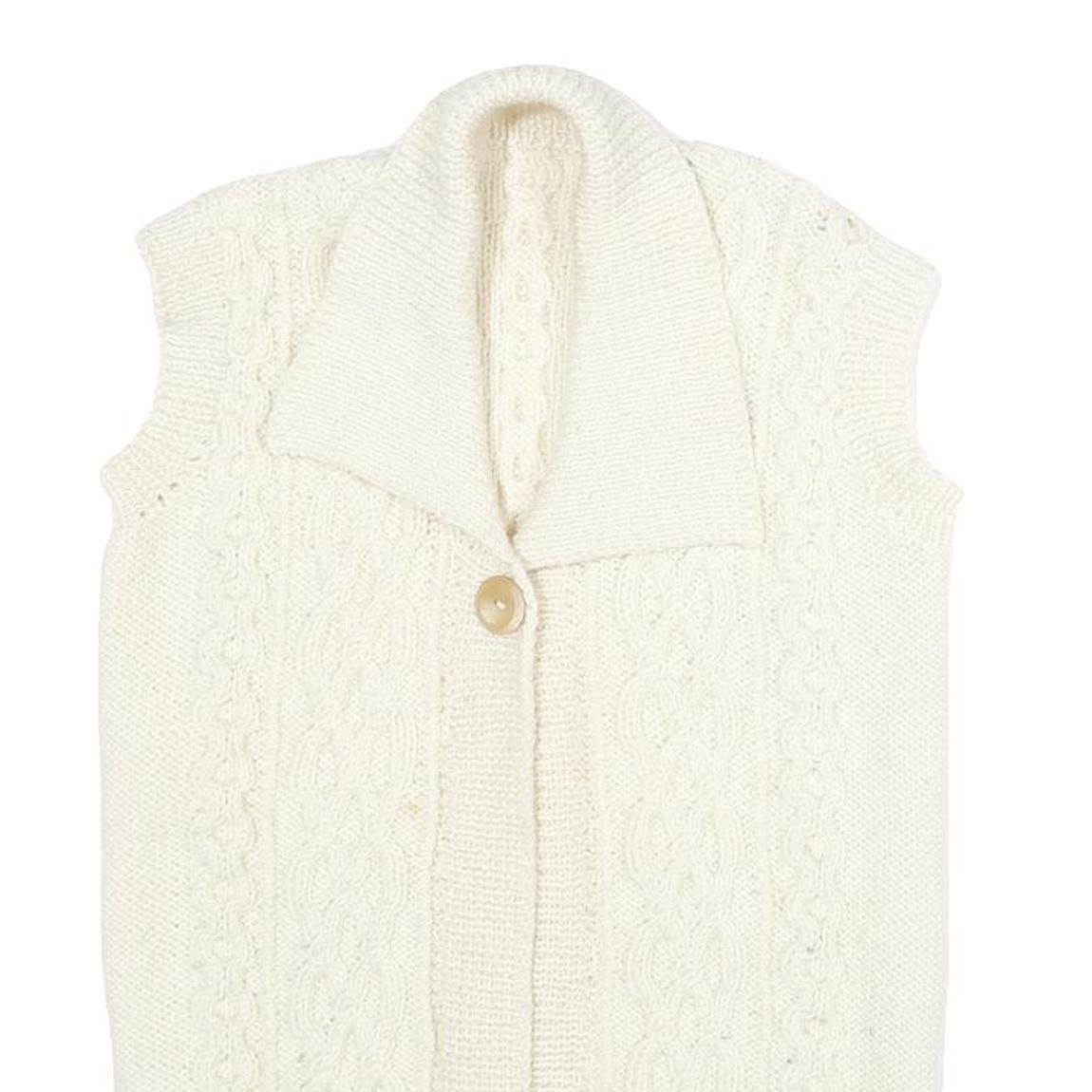 Womens Cream Cable Knit Wool Jumper Shawl Collar Pullover M Sleeveless Button