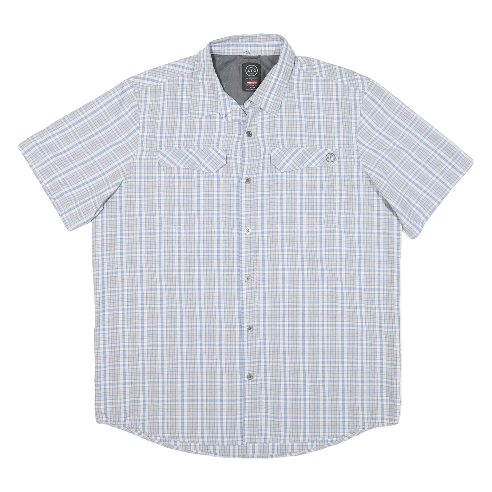 WRANGLER Mens Blue & Grey Check Shirt L Cotton Blend Casual Short Sleeve