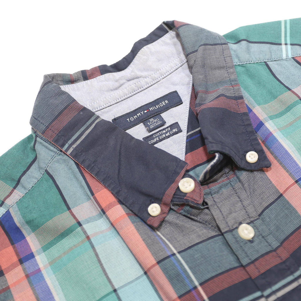 TOMMY HILFIGER Mens Blue & Green Checked Shirt XL Cotton Casual Summer Short