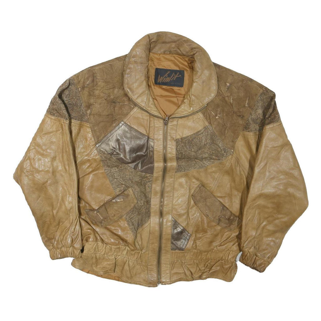 WINLIT Mens Beige & Brown Leather Bomber Jacket L Patchwork Zip