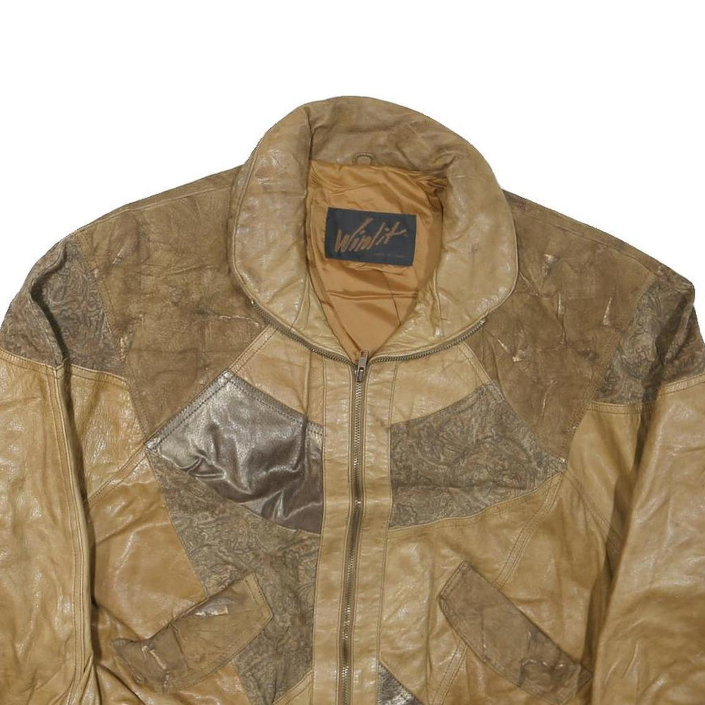 WINLIT Mens Beige & Brown Leather Bomber Jacket L Patchwork Zip