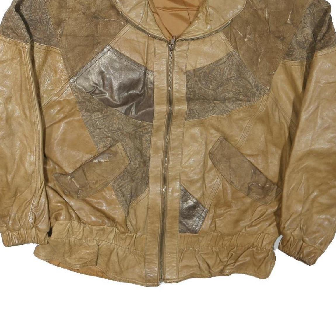 WINLIT Mens Beige & Brown Leather Bomber Jacket L Patchwork Zip
