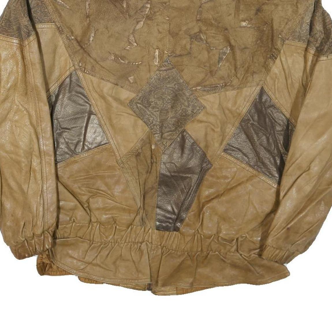 WINLIT Mens Beige & Brown Leather Bomber Jacket L Patchwork Zip