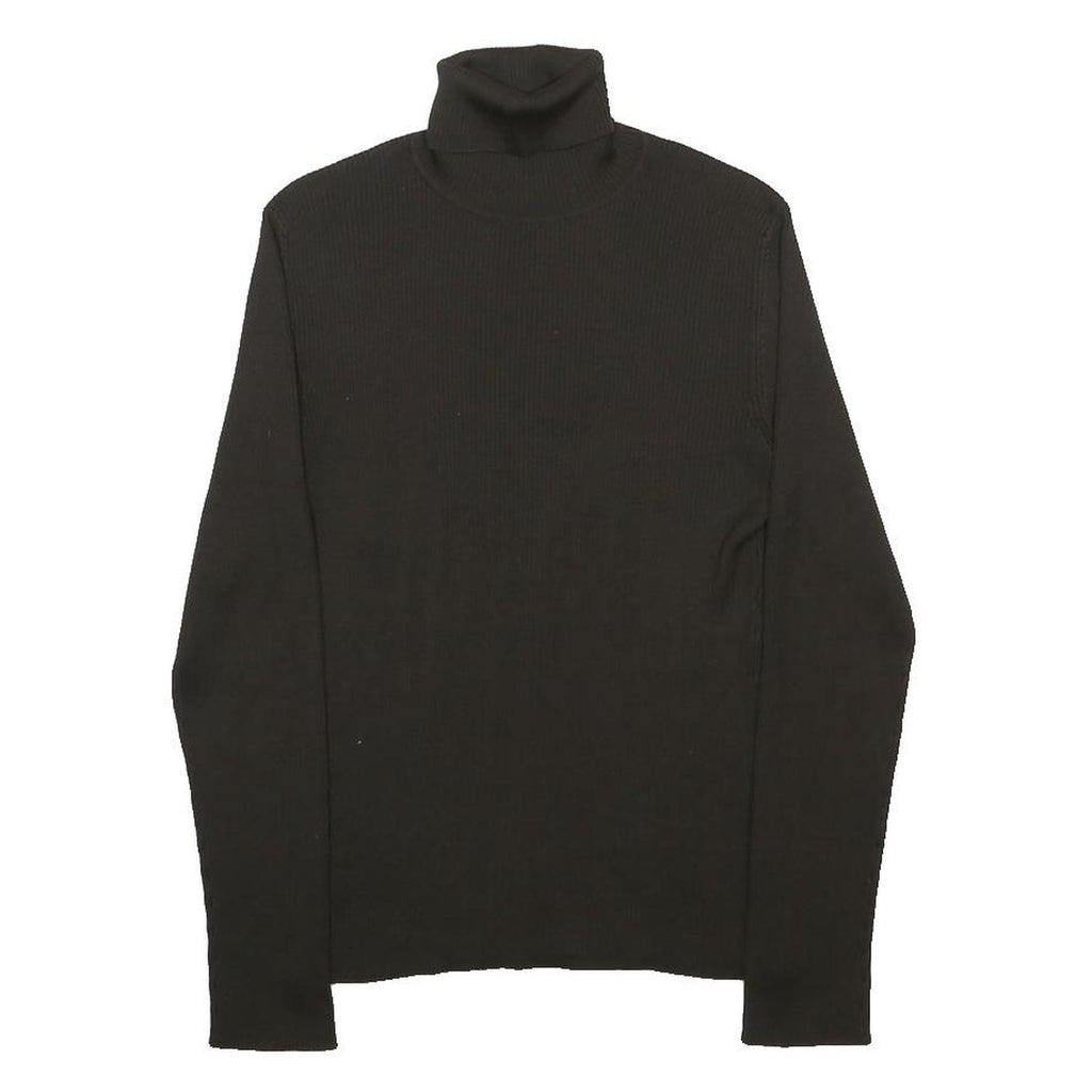 ANN TAYLOR Womens Black Plain Silk Roll Neck Basic Knit Jumper L Elegant Soft