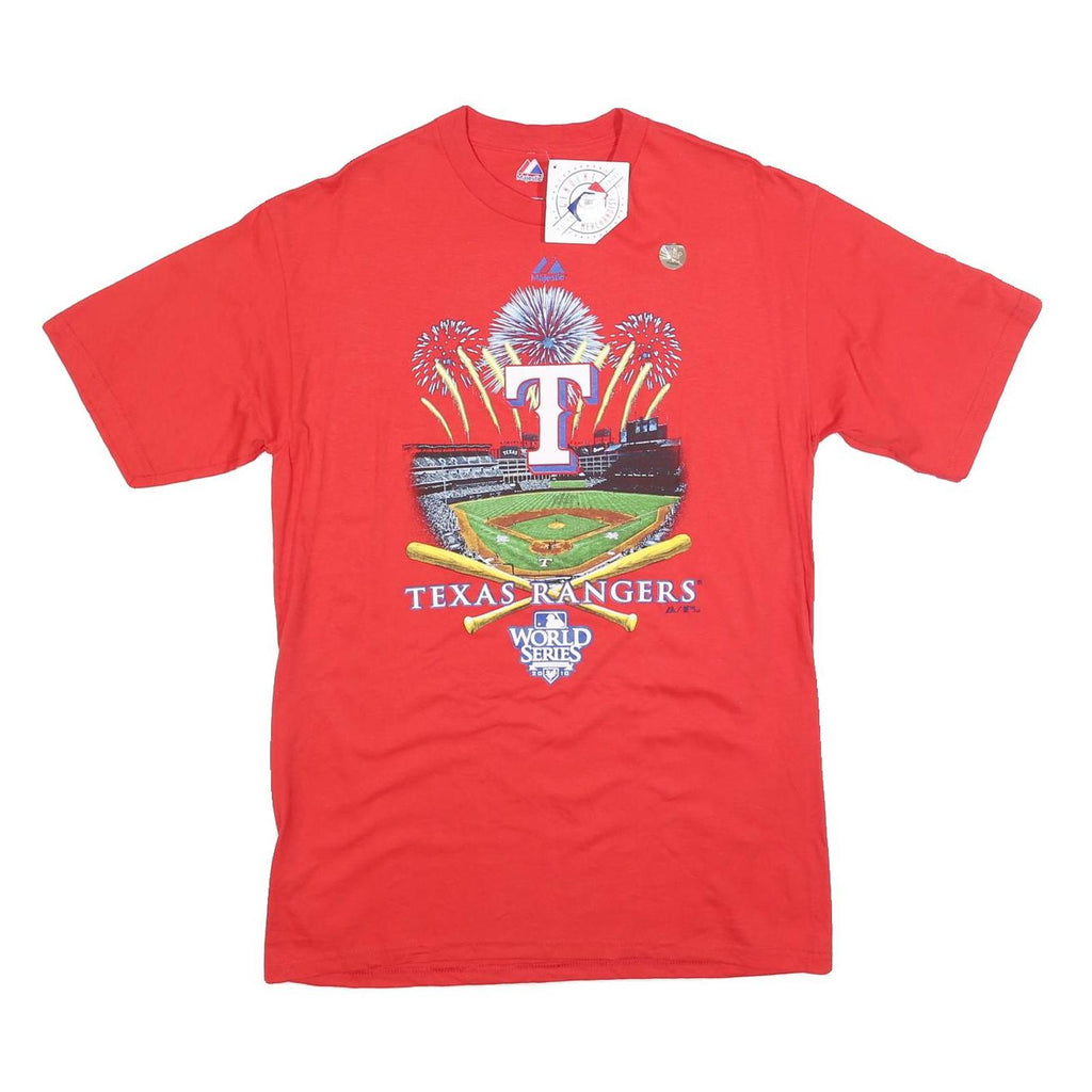 MAJESTIC Mens Red Texas Rangers World Series Graphic T-Shirt M Short Sleeve Crew