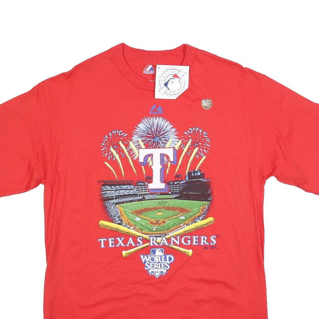 MAJESTIC Mens Red Texas Rangers World Series Graphic T-Shirt M Short Sleeve Crew