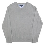TOMMY HILFIGER Mens Grey Cotton Blend Plain V-Neck Basic Knit Jumper XL Classic