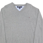 TOMMY HILFIGER Mens Grey Cotton Blend Plain V-Neck Basic Knit Jumper XL Classic