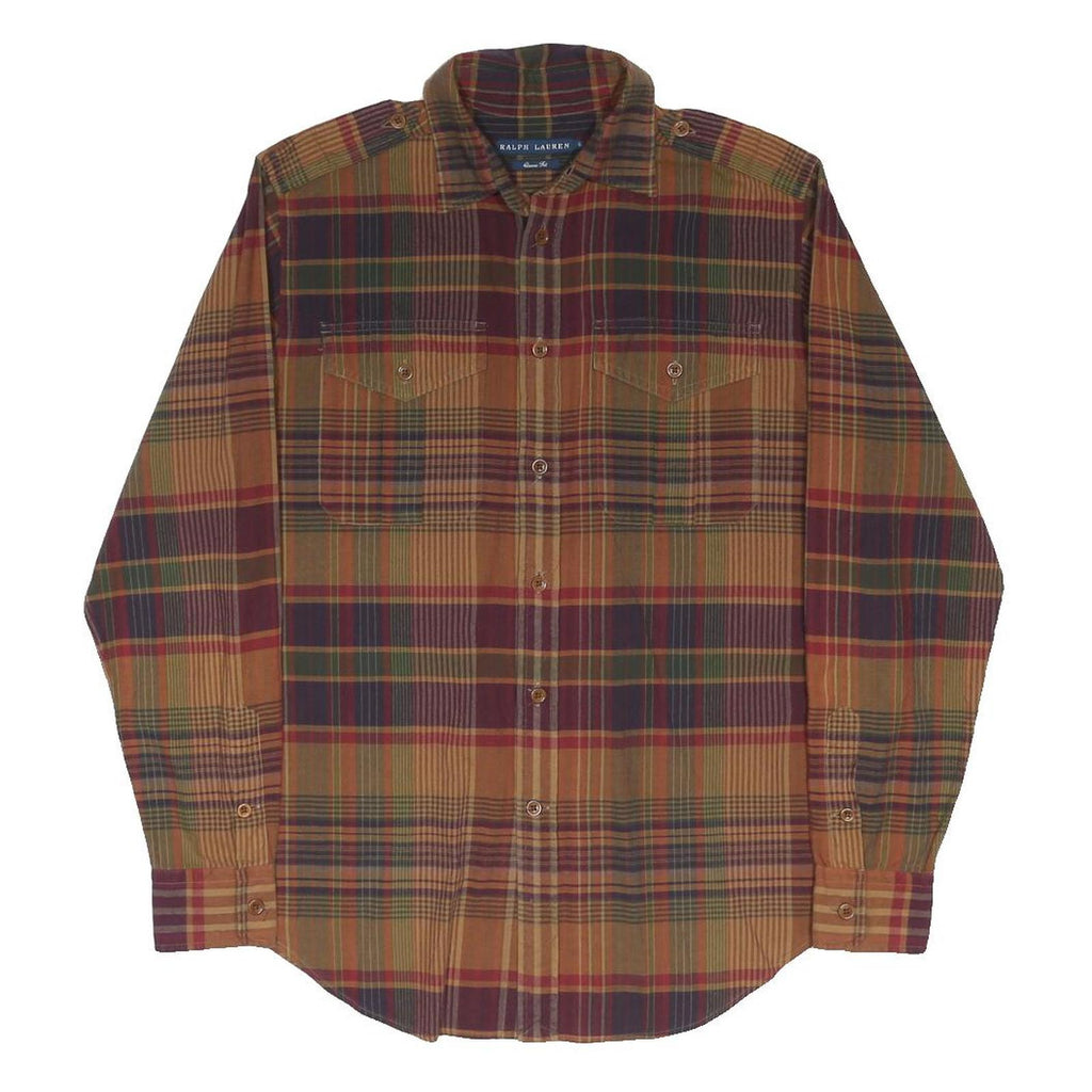 RALPH LAUREN Womens Brown & Maroon Plaid Shirt S Cotton Blend Long Sleeve Casual