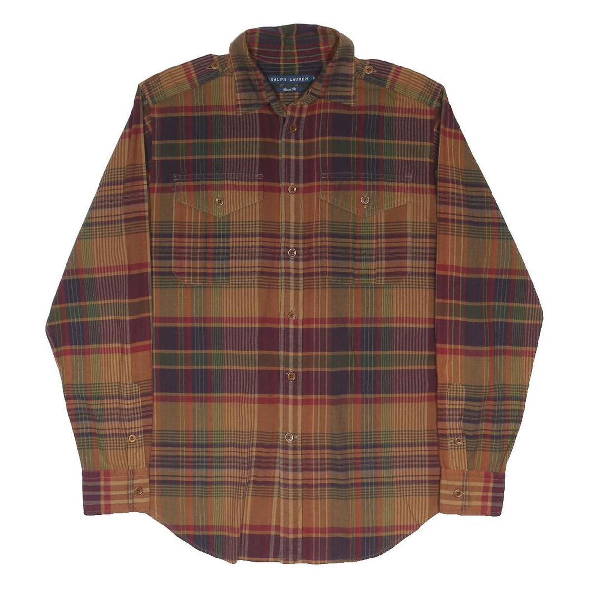 RALPH LAUREN Womens Brown & Maroon Plaid Shirt S Cotton Blend Long Sleeve Casual