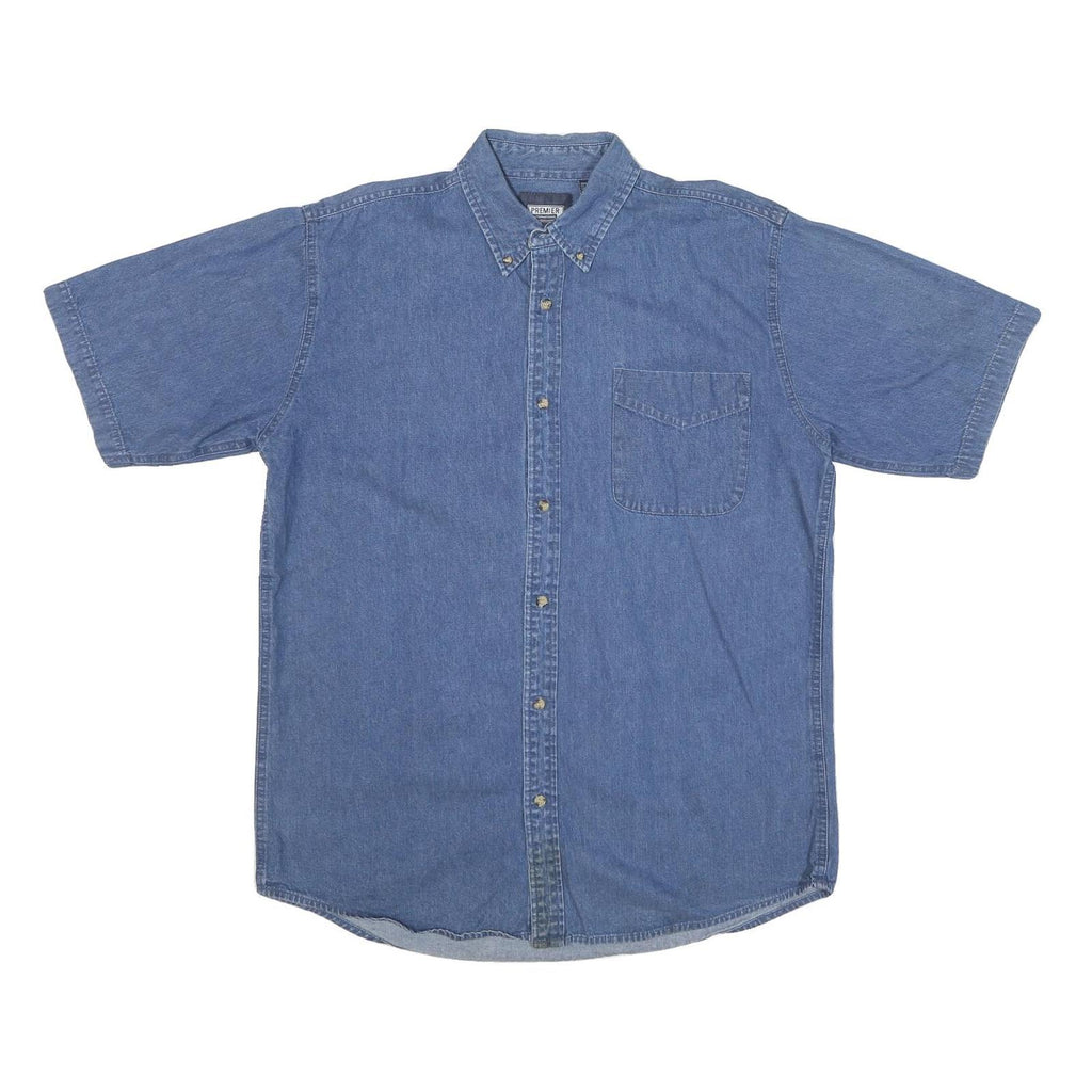 PREMIER Mens Blue Cotton Blend Shirt L Button Down Casual Short Sleeve