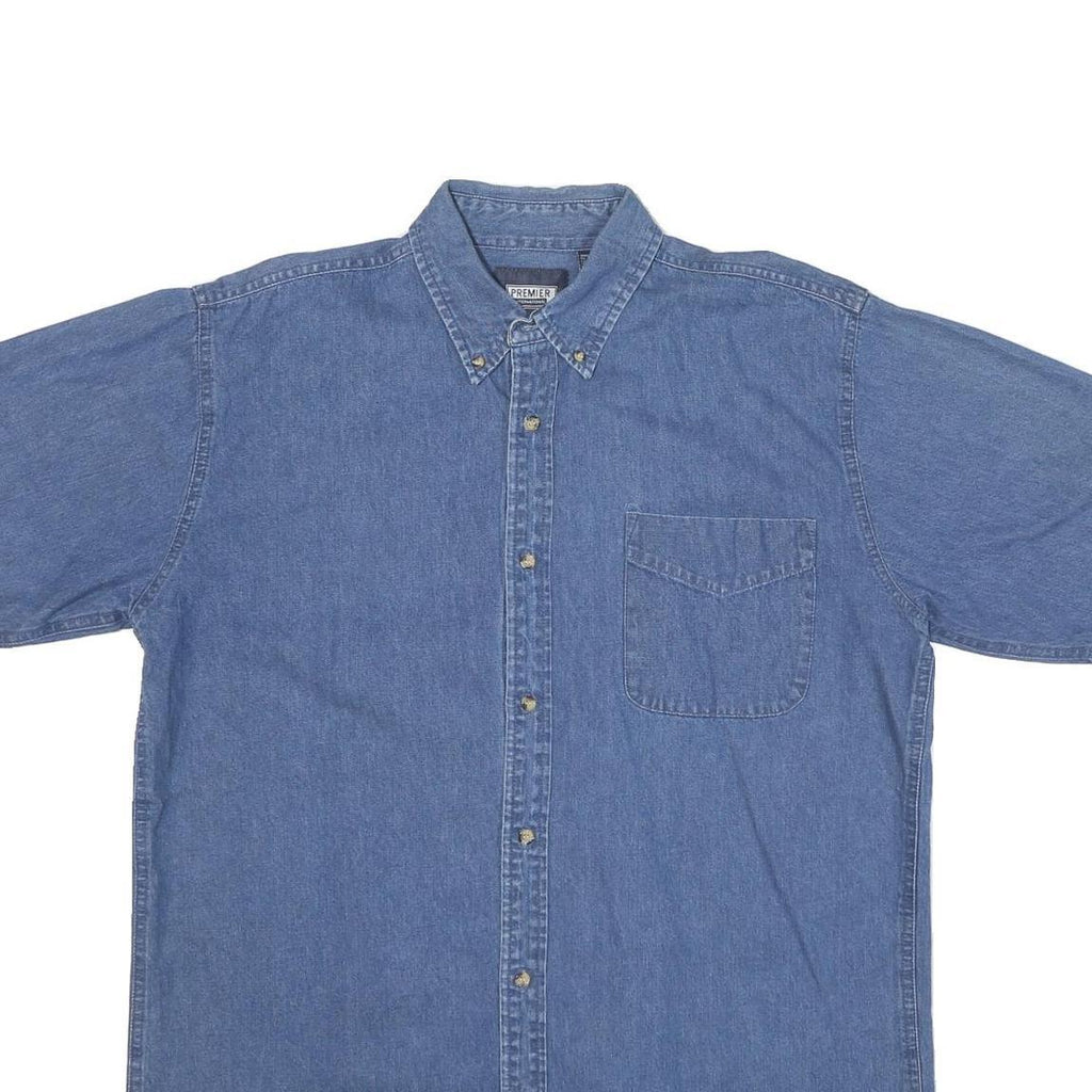 PREMIER Mens Blue Cotton Blend Shirt L Button Down Casual Short Sleeve