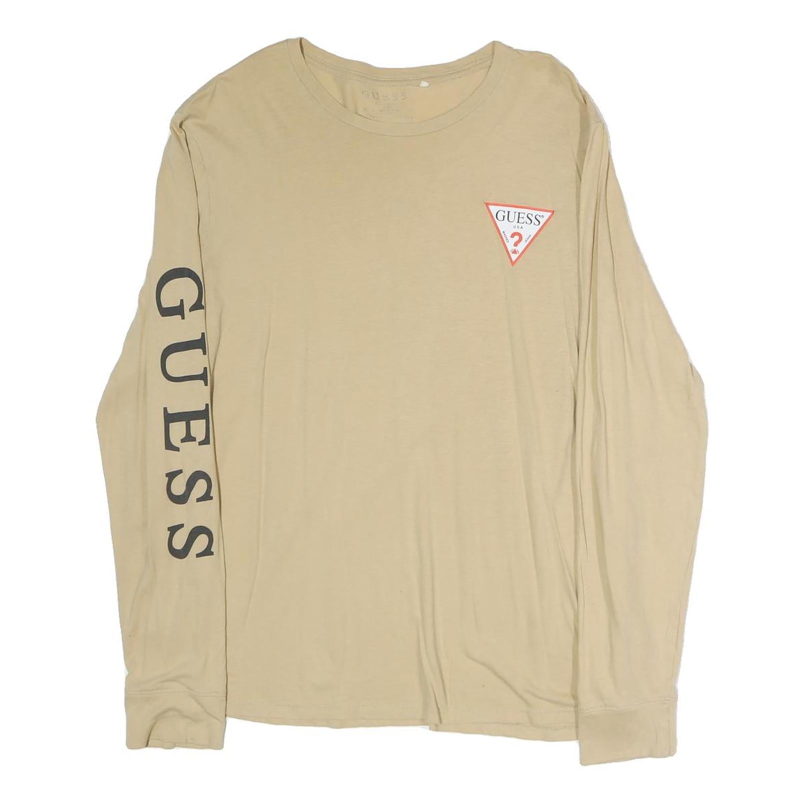 GUESS Mens Beige Long Sleeve Crew Neck Cotton T-Shirt L Logo Print